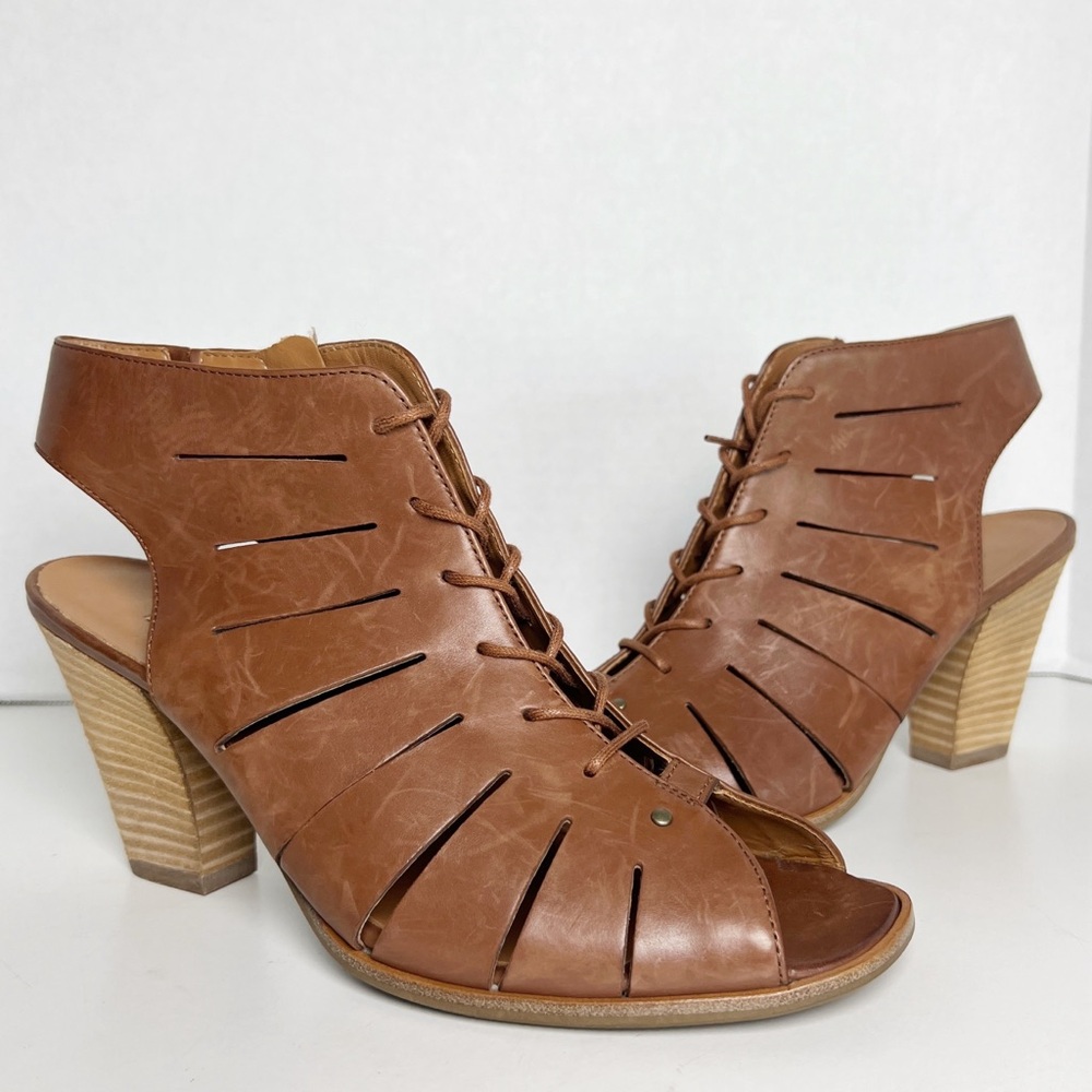 •PAUL GREEN• Cosmo Peep Toe Lace-Up Bootie/Sandal Brown Leather Size UK 6.5/US 9